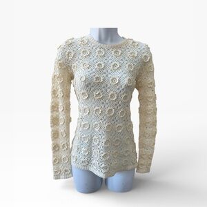 Elegant Cream Crochet Wool Knit Top ivory stretch semi sheer long sleeve cottage